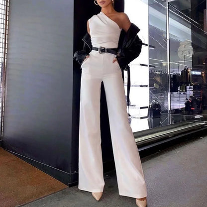 Women Elegant Slash Collar Straight Romper Sexy Off Shoulder Suit One Piece 2023 Fashion Lady High Waist Bow Solid Jumpsuits