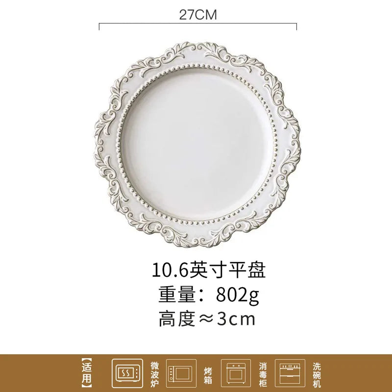 French Baroque Retro Relief Court Style Ceramic Dinner Plate European Tableware Western Food Plate Soup Plate Bowl Set