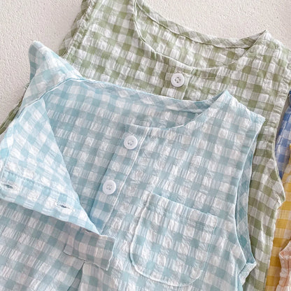 2024 Sommer Baby kleidung Plaid Kleinkind Jungen Mädchen Bodysuit ärmel los einteiliges Kleinkind Outfit