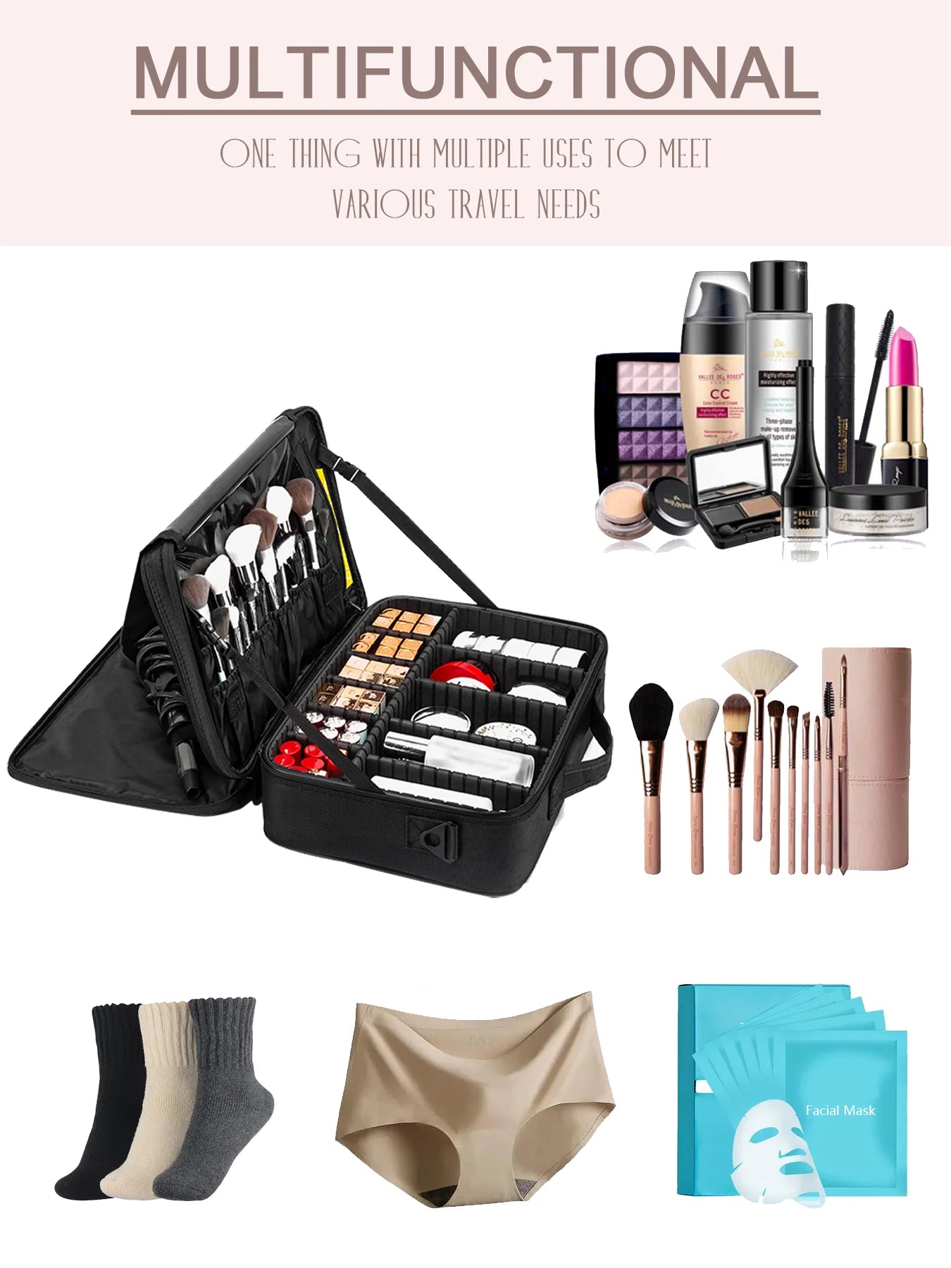 Three-layer Cosmetic Case Large Waterproof Oxford Cloth Manicure Makeup Toolbox,Travel Underwear Storage Box.