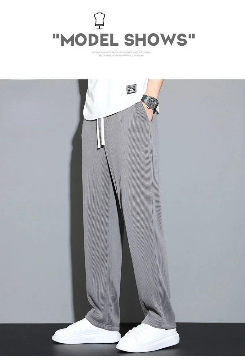 Summer Loose Ice Silk Pants Men's Drape 100KG Size Long Pants Fat Casual Sports Pants Wide Leg Straight Pants Tide Brand.