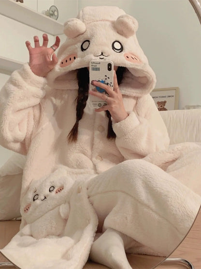 Kawaii Chiikawas Pajamas Coral Velvet Home Wear Long Length Nightgown Thick Cardigan Pant Cartoon Cute Girl Casual Home Clothing