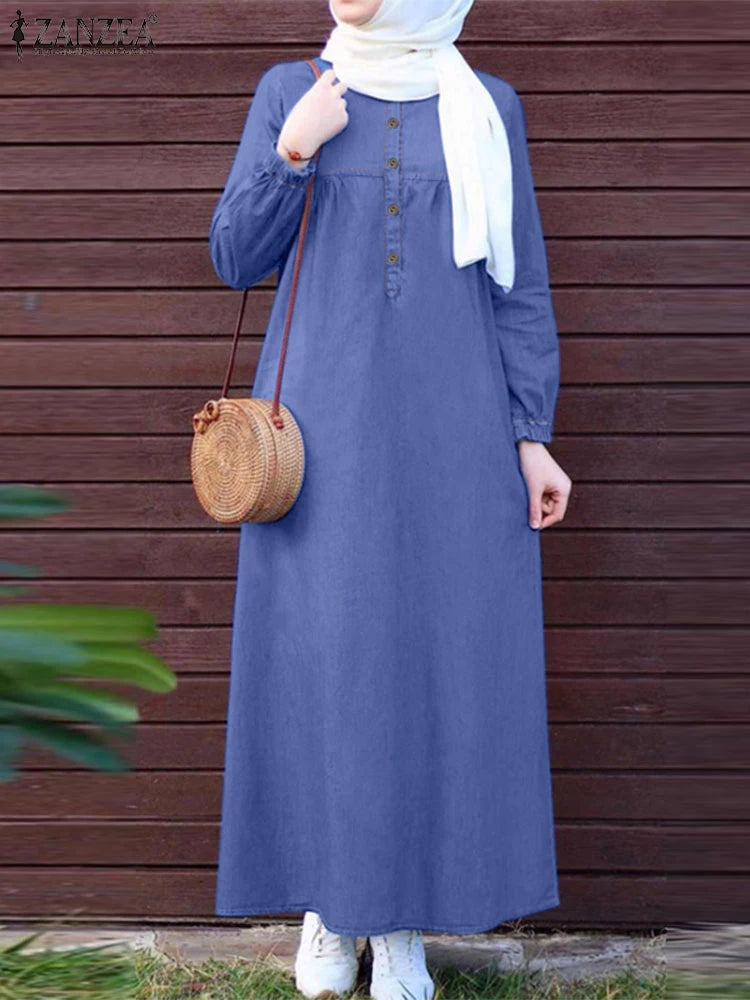 ZANZEA Women Vintage Muslim Abaya Dress 2024 Autumn Sundress Casual Long Sleeve Solid Maxi Long Vestidos Kaftan Islamic Clothing.