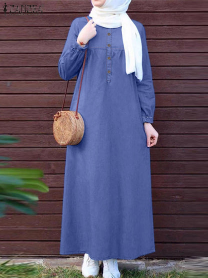 ZANZEA Women Vintage Muslim Abaya Dress 2024 Autumn Sundress Casual Long Sleeve Solid Maxi Long Vestidos Kaftan Islamic Clothing.