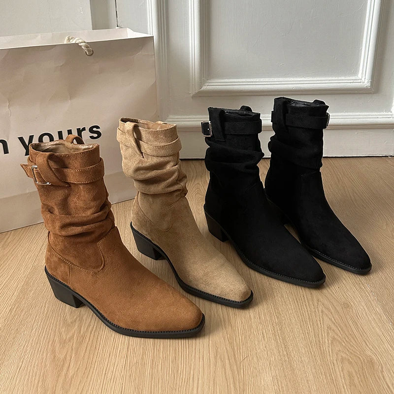 Autumn Winter Suede Pointed Toe Women Ankle Boots Fashion Slip On Thick Heel Shoes Ladies Elegant Slim Short Booties