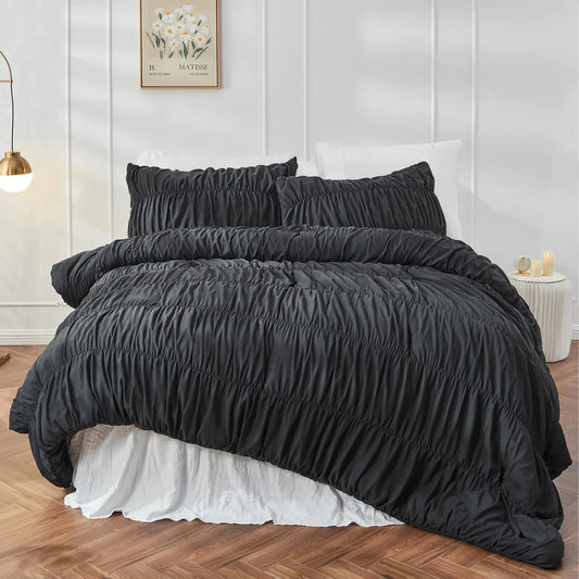 Ruched Black Duvet Cover Soft and Luxury Twin Queen King Comforter Cover Boho Shabby Chic Bedding Set - Fluffy 2/3 Piece Set.
