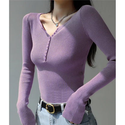 2026 weibliche Casual Tops Pullover Warme V-ausschnitt Frauen Herbst Winter Gestrickte Dünne Pullover Feste Taste Volle Hülse Pullover