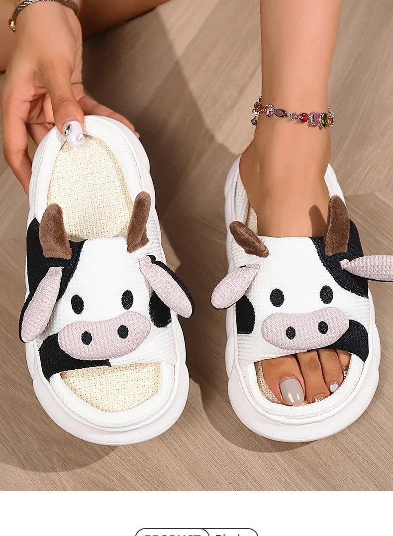 Shevalues Plush Cartoon Milk Cow Slippers Winter Women Slippers Furry Non-Slips Women Cotton Slides Couples Soft Cozy Flat Shoes