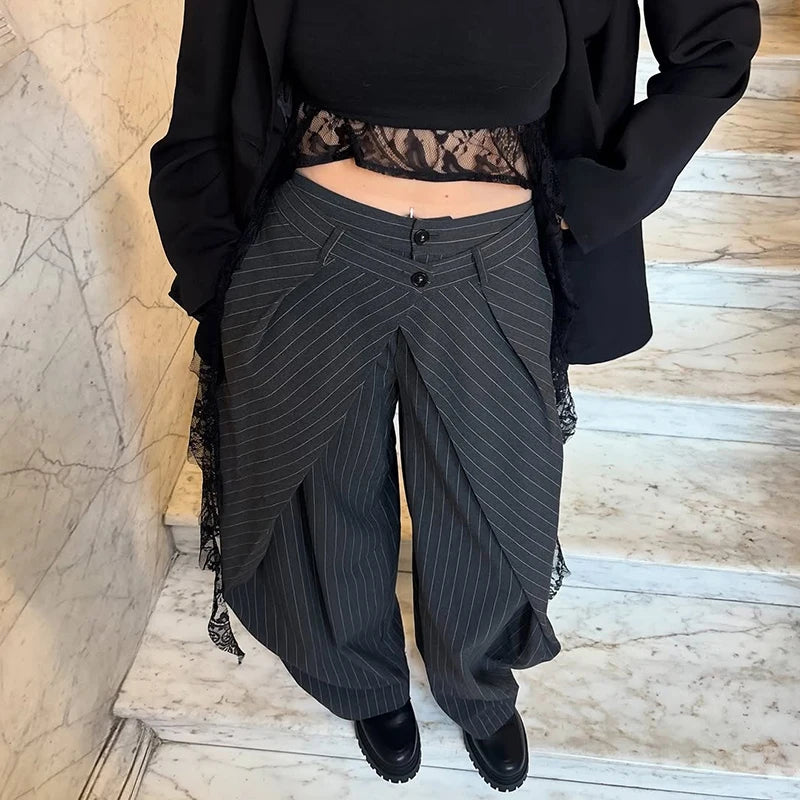 Chic Zwei Tasten Gestreiften Gefaltete Hosen Frauen Lose Taschen Breite Bein Hosen Weibliche 2026 Frühling Dame Pendeln Alle-spiel hose Neue