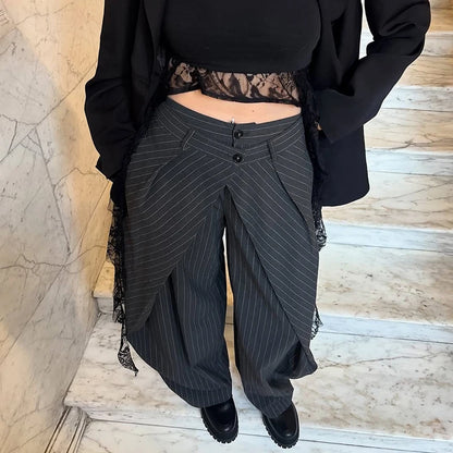 Chic Zwei Tasten Gestreiften Gefaltete Hosen Frauen Lose Taschen Breite Bein Hosen Weibliche 2026 Frühling Dame Pendeln Alle-spiel hose Neue