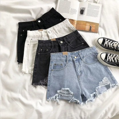 Korean Denim Holes Shorts For Women  Fashion High WaistWide Leg Short Jeans Female Designer Casual Street Short 2025 New Trend.