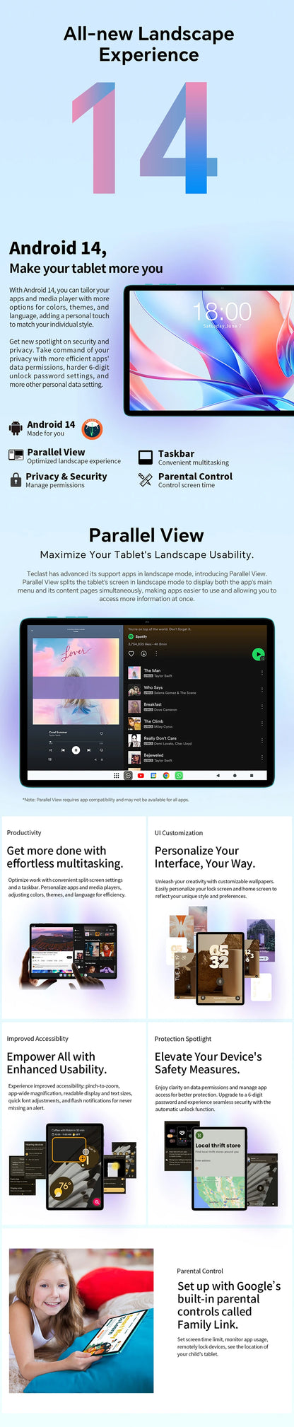 Teclast P30 Tablet Android 14 Max 12GB(4GB+8GB Expansion) RAM 128GB ROM 10.1" Tablets Unisoc T606 8-Core 6000 mAh AI Dual Camera.