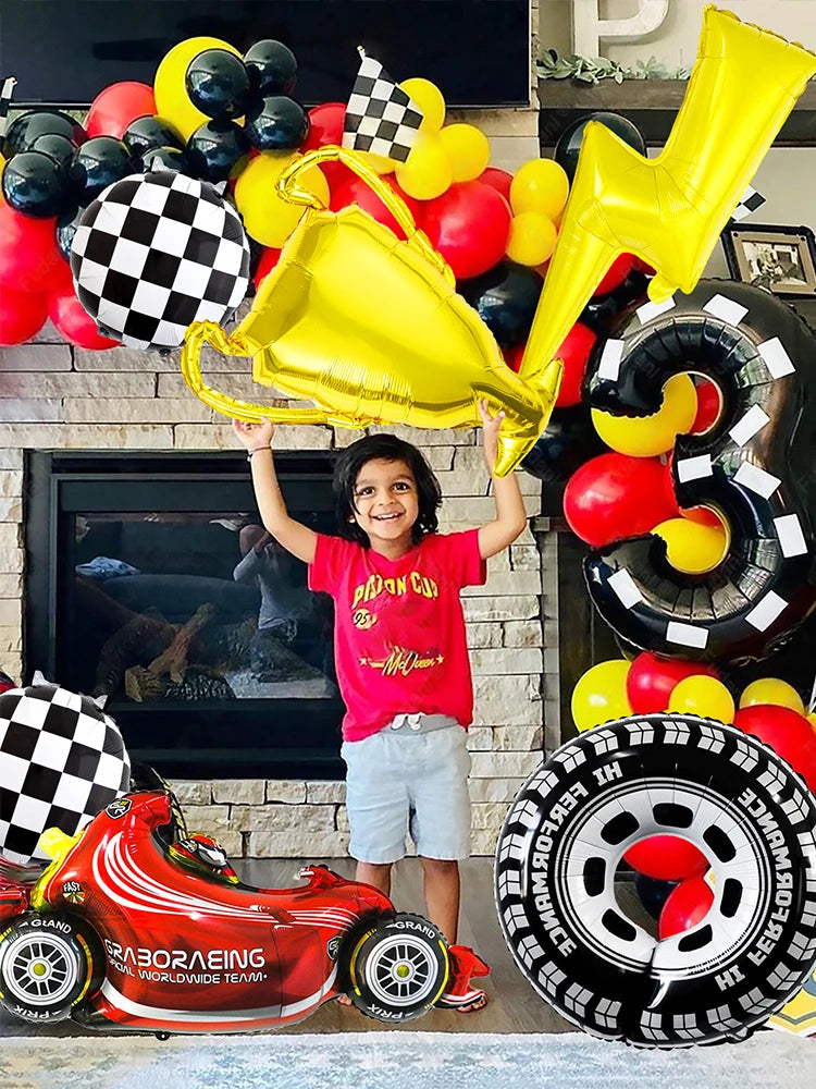 5/120-teiliges Racing-Themen-Party-Ballon-Set, Blitz, Gold-Champion, Autoreifen-Luftballons für Renn-Geburtstagsparty-Dekorationen.