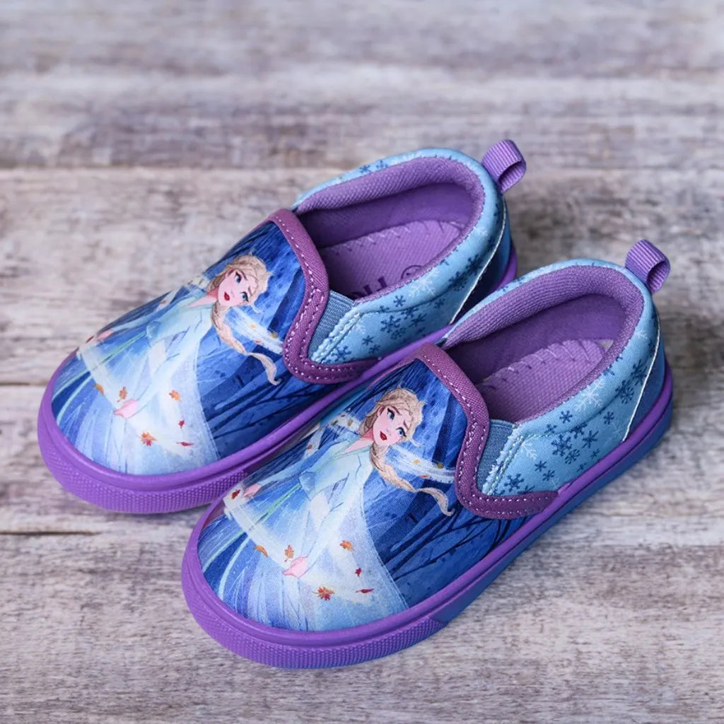 Disney Children's Casual Canvas Shoes Cartoon Priness Elsa Pattern Girls' Cartoon Breathable Shoes Student Blue Shoes Size 26-29.