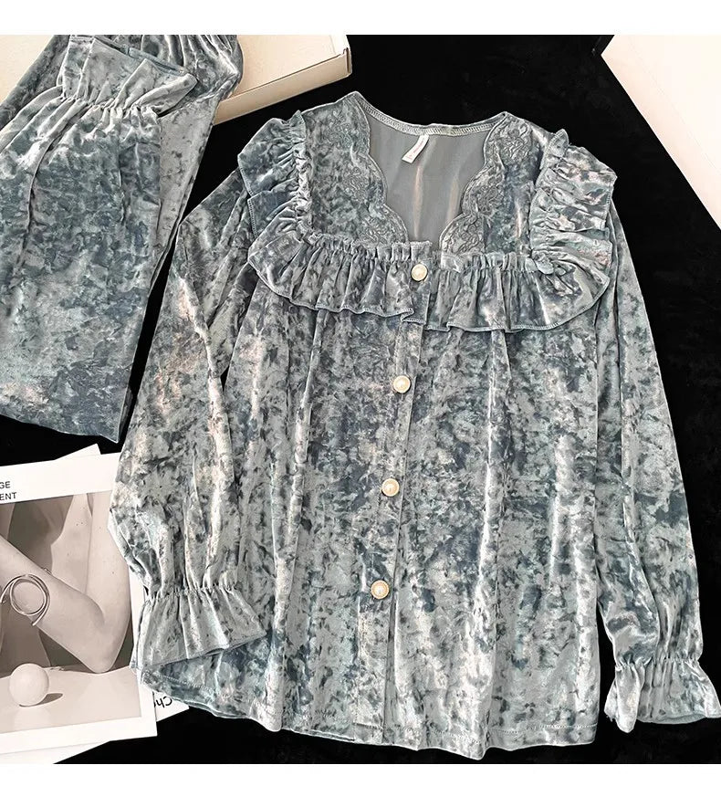 Soft Velvet Pajama Set Women Loose Home Wear Sleeping Velour Autumn Winter New Warm Sleepwear Female Nightie Ins Underwear.
