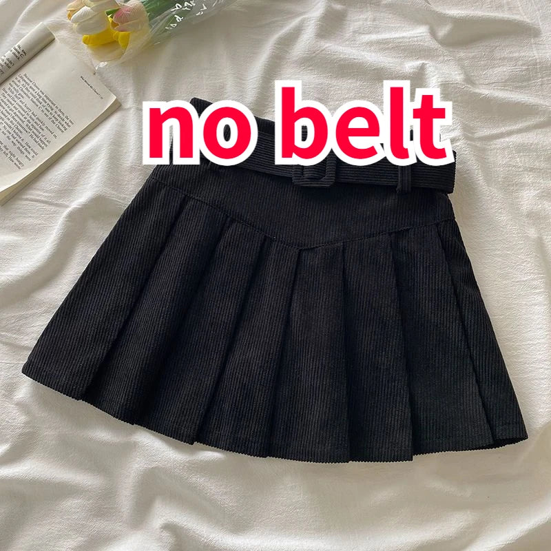 Pleated Mini Skirts Women Japan Students Corduroy Preppy Style Autumn Winter Basic Solid Bottoms Chic Vintage JK Slim All-match