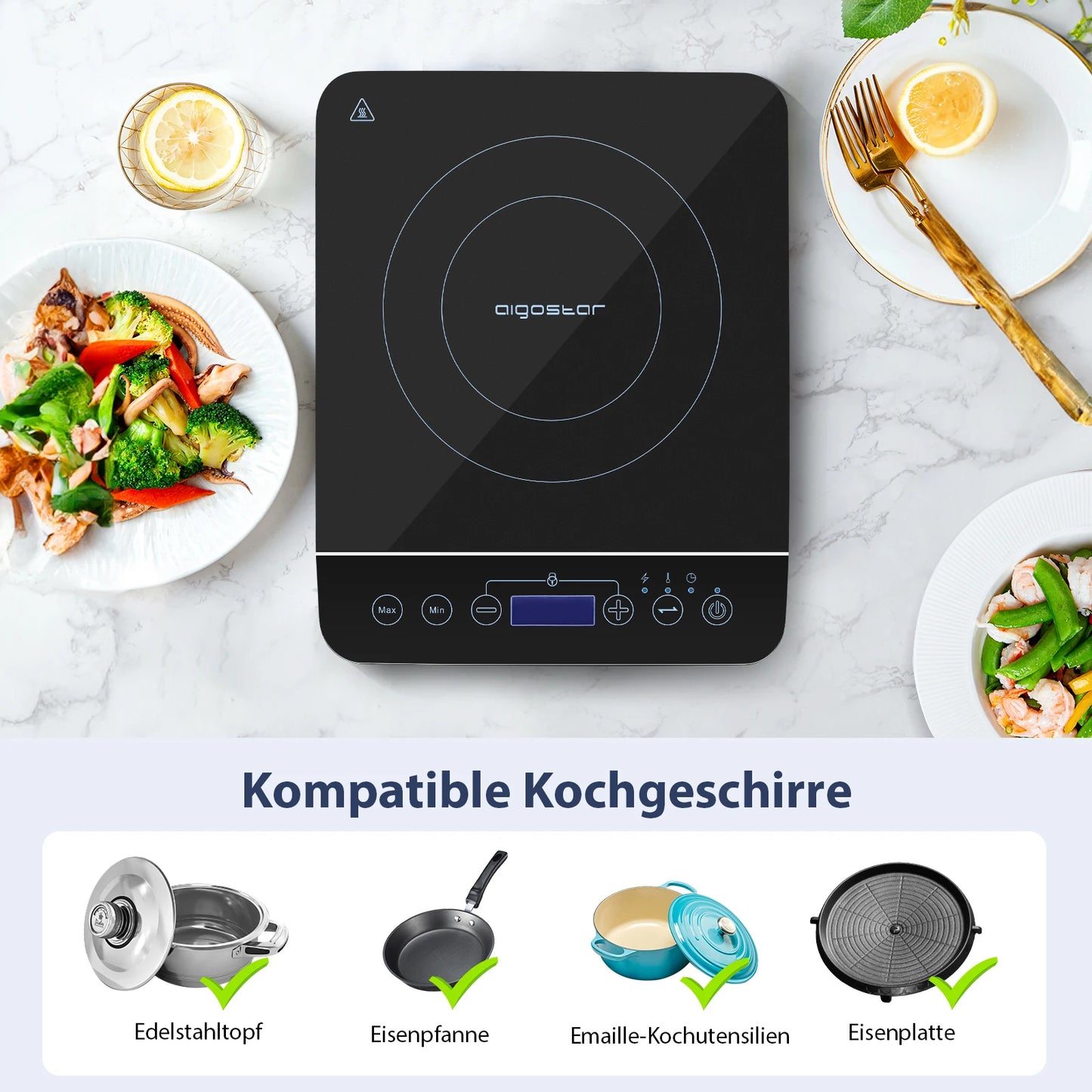 Aigostar BlueFire - portable induction hob with touch panel. Electric induction hob Up to 240℃ and 2000W.
