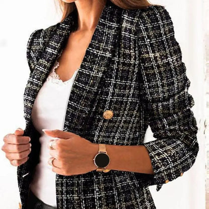Frauen Herbst Blazer Revers Strickjacke Lange Ärmeln Doppel-breasted Slim Fit Warm Lässige Dick Plaid Print Lady Mantel für arbeit Jacke