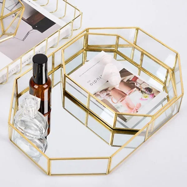 Storage Glass Storage Tray Home Kitchen Golden Tray Simple Jewelry Cosmetic Decoration Retro Copper Tea Storage Trays.
