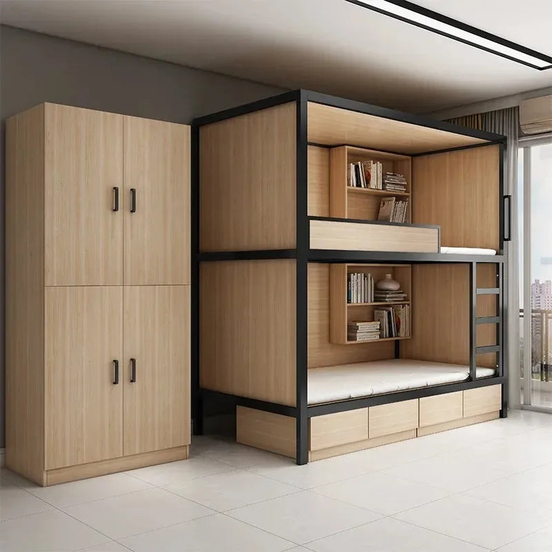 Obere und untere Etagenbetten, Schulwohnheim, Apartmentbett, Jugend, Hostel, Raumkapsel, All-Inclusive-Bett, Stahl, Holz, kombiniert, Mutter