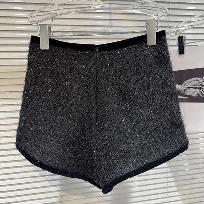Trendy Women's Solid Color Bright Silk Woolen Shorts 2024 Autumn Fashion New Items High Waist Short Pants Female.