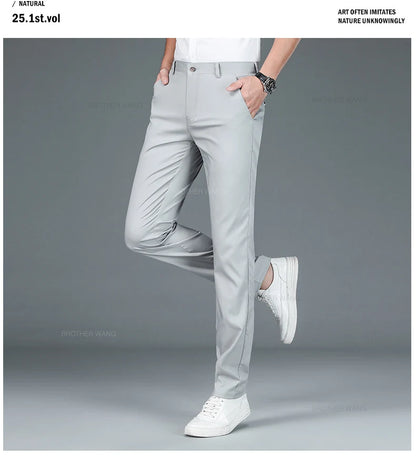 Bamboo Fiber Fabric Men's Casual Pants Summer New Ultra-thin Elastic Soft Straight Business Trousers Classic Black Khaki Gray.