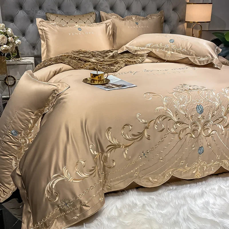 European-Style Bed Sheet Four-Piece Set 100 Cotton High-End Atmospheric Ice Silk Quilt Cover Pure Cotton Bedding.