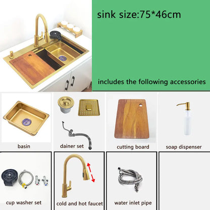 Gold Wasserfall Wasserhahn Küchenspüle Nano Waschbecken 304 Edelstahl Golden Topmount Single Bowl Waschbecken 4-Funktions-Küchenarmatur