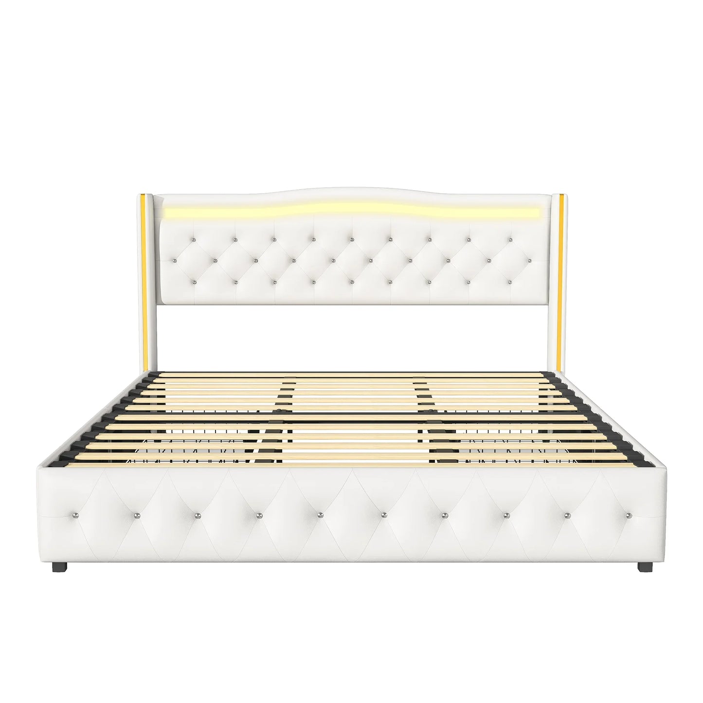 Lazyspace Diamond Embellishment Luxuriöses weißes PU-Polsterbett, Bettrahmen-Kopfteil mit bunten LED-Leuchten und USB-Anschluss