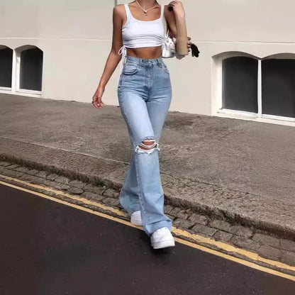 Hole Flare Pants Jean Women Fit Vintage Pockets High Waist Zipper Button Basics Denims Wide Leg Trousers 2025 Casual Jeans.