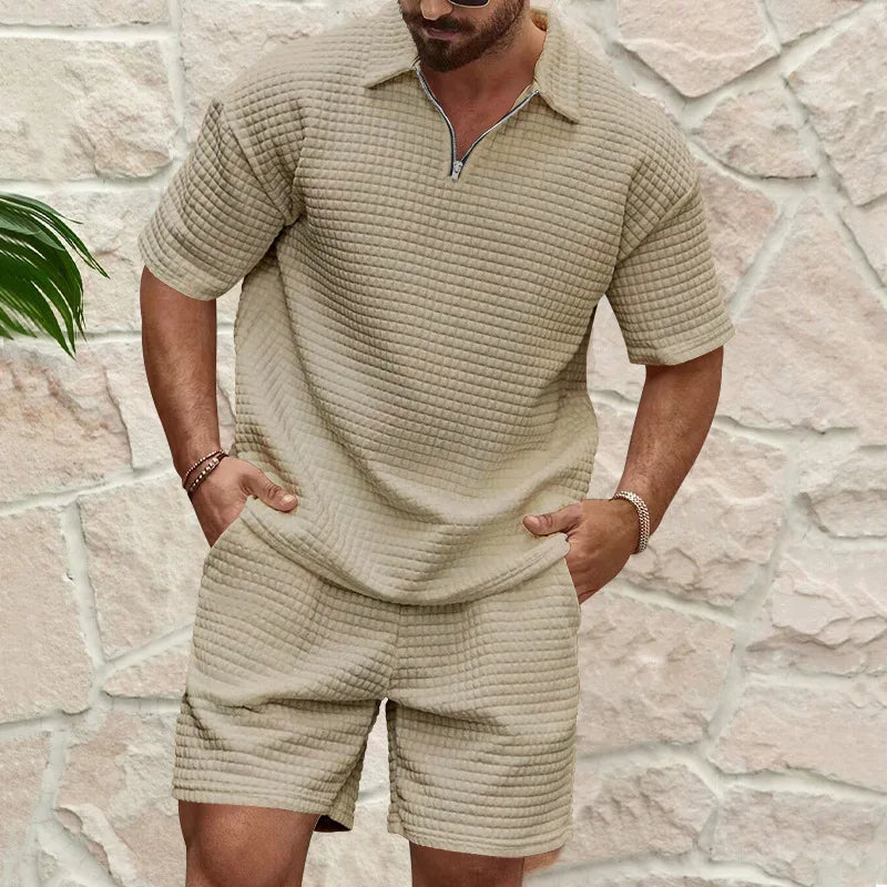 2024European and American Men's Spring and Summer Trends Youth Outdoor Lapel Small Plaid Short Sleeve Shorts Sports Suit
