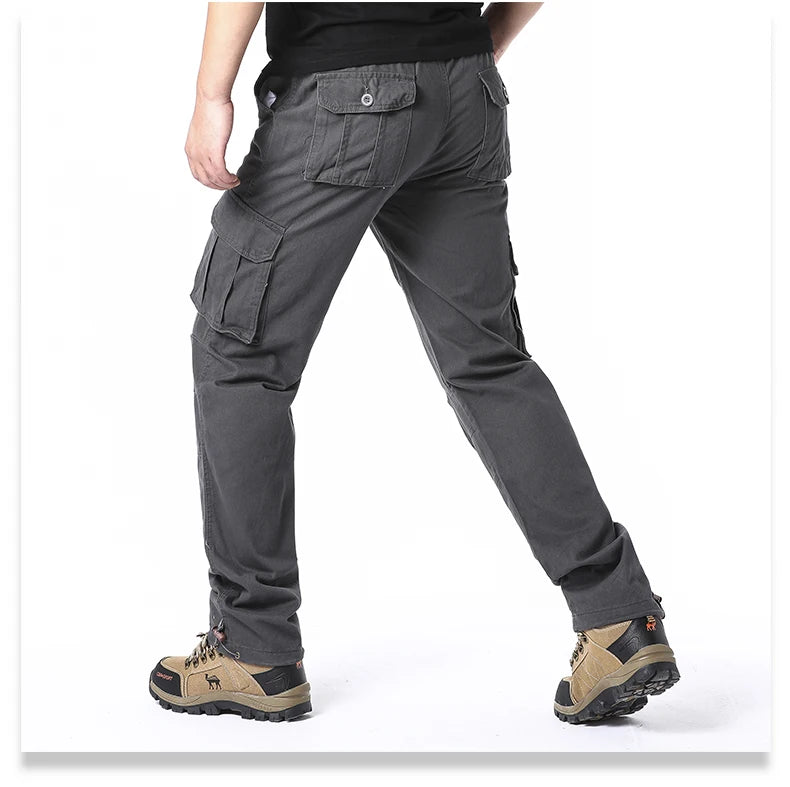Large Pocket Loose Overalls Men's Outdoor Sports Jogging Tactical Pants Elastic Waist Pure Cotton Casual Work Pants.