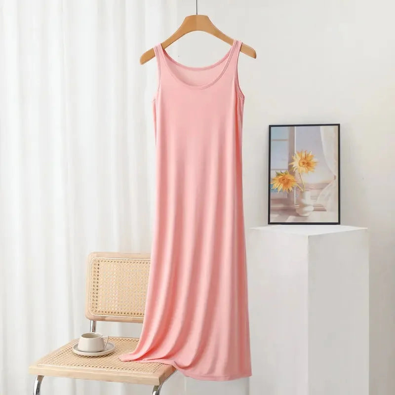 Plus Size Modal Langes Kleid Damen Frühling Sommer Lose A-Linie Bodenrock Home Nachtwäsche Ärmelloses Kleid in reiner Farbe