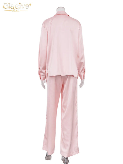 Clacive Fashion Loose Pink Satin Pants Sets For Women 2 Pieces Elegant Long Sleeve Shirt With High Waist Wide Trousers Suits.