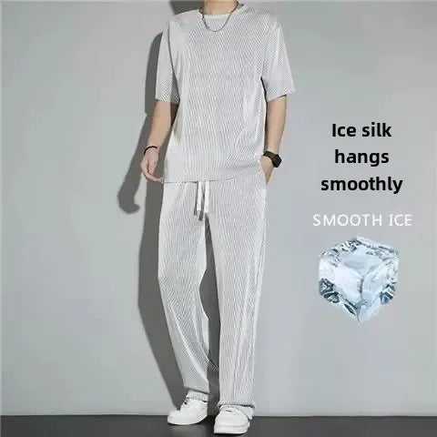 High-End Ice Silk Men's Sports Suit Casual Home Use Long Pants Short Sleeves Quick Drying Top Set Summer Collection.
