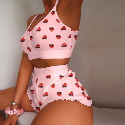 2025 neue Frauen Nachtwäsche Lippen Schmetterling Drucken Hause Ausgesetzt Pyjamas Set Weste Bh Top Kurze Nachtwäsche Dessous frauen Nachthemd.