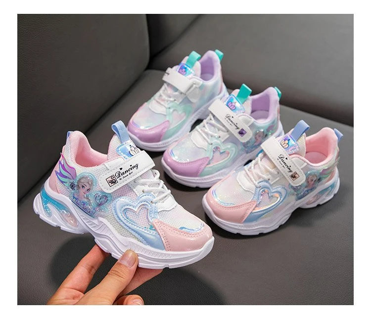 Disney Girls' Casual Shoes Frozen Priness Elsa Sneakers Mesh Leather White Breathable Sole Children's Sport Shoes Size 26-37.