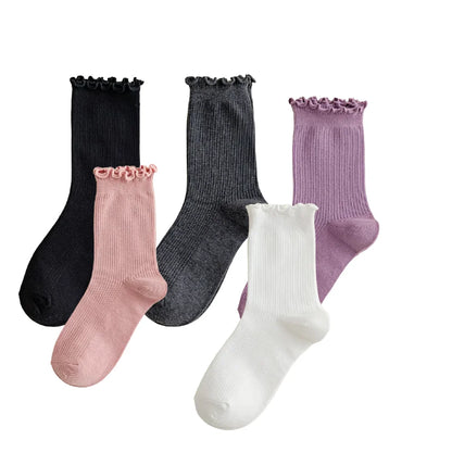 5 Pairs of Women's Solid Color Cotton Socks Japanese Style Ruffle Stacked Socks Cute Laciness Women's Long Socks