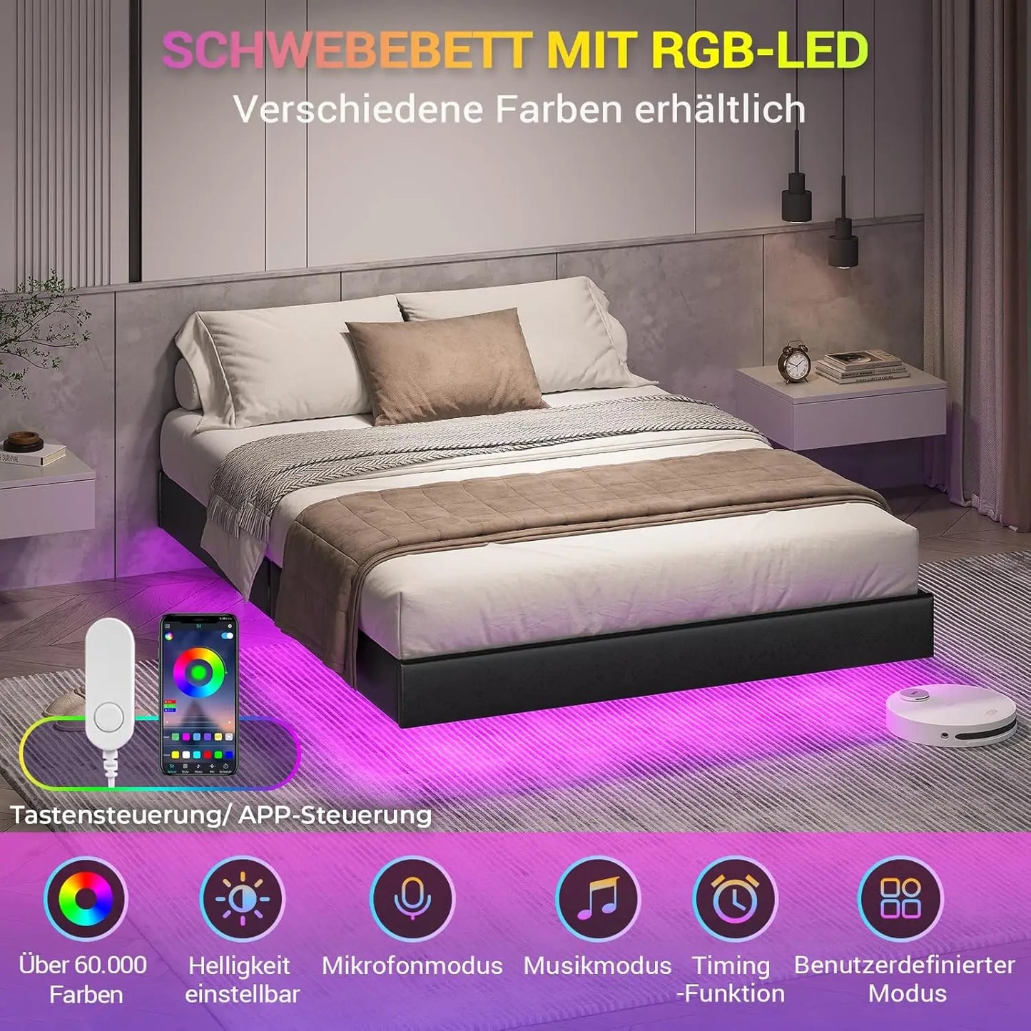 Bett 140x200 mit verstellbarer Beleuchtung, Bettgestell 140x200 mit weicher Polsterung, schwebender Bettrahmen, gepolsterte Jugendbe