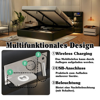 Polsterbett 180 x 200 cm, hydraulisches Bett, mit USB-Anschluss, kabelloses Laden und beleuchteter Lampe, mit Stauraum