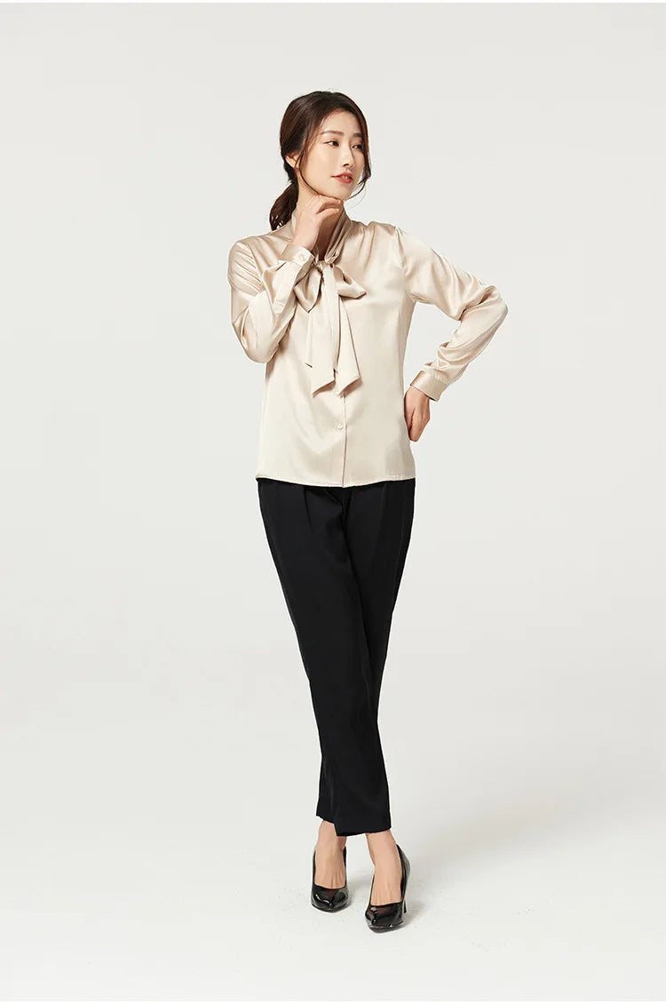 Heavyweight Mulberry Silk Shirt Women's 2025 Spring And Autumn New Long Sleeve Satin Silk Blouse V-neck Bow Ribbon Shirt