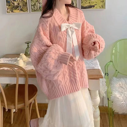Herbst Winter Frauen Pullover Harajuku Übergroßen Gestrickte Pullover Koreanische Langarm V-ausschnitt Strickwaren Preppy Solide Lose Jumper
