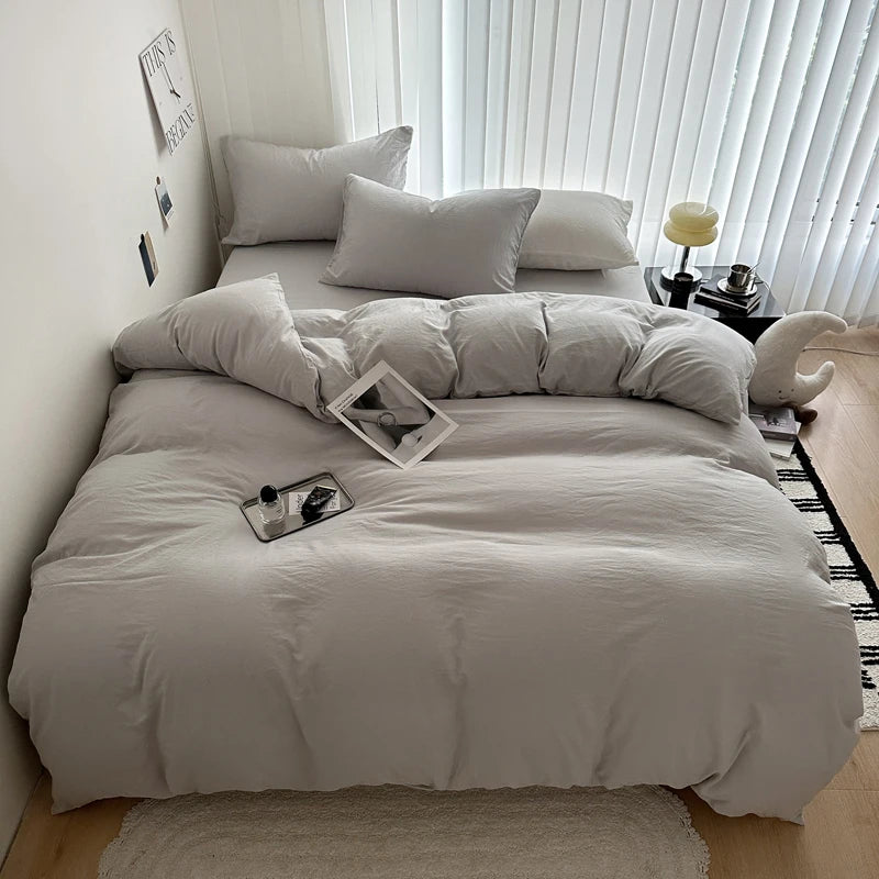 Bed Linen Solid Cotton Bedding Set with Sheet Duvet Cover Pillowcases Single Couple Bedsheet King Queen Double Twin Size.