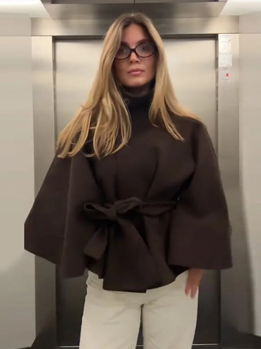 Damenmantel, kurze Cape-Mäntel für Damen, Gürtel, Mäntel aus Kunstwolle und Mischungen, Herbst-Winter, feste Mäntel, elegante Umhangjacke für Damen