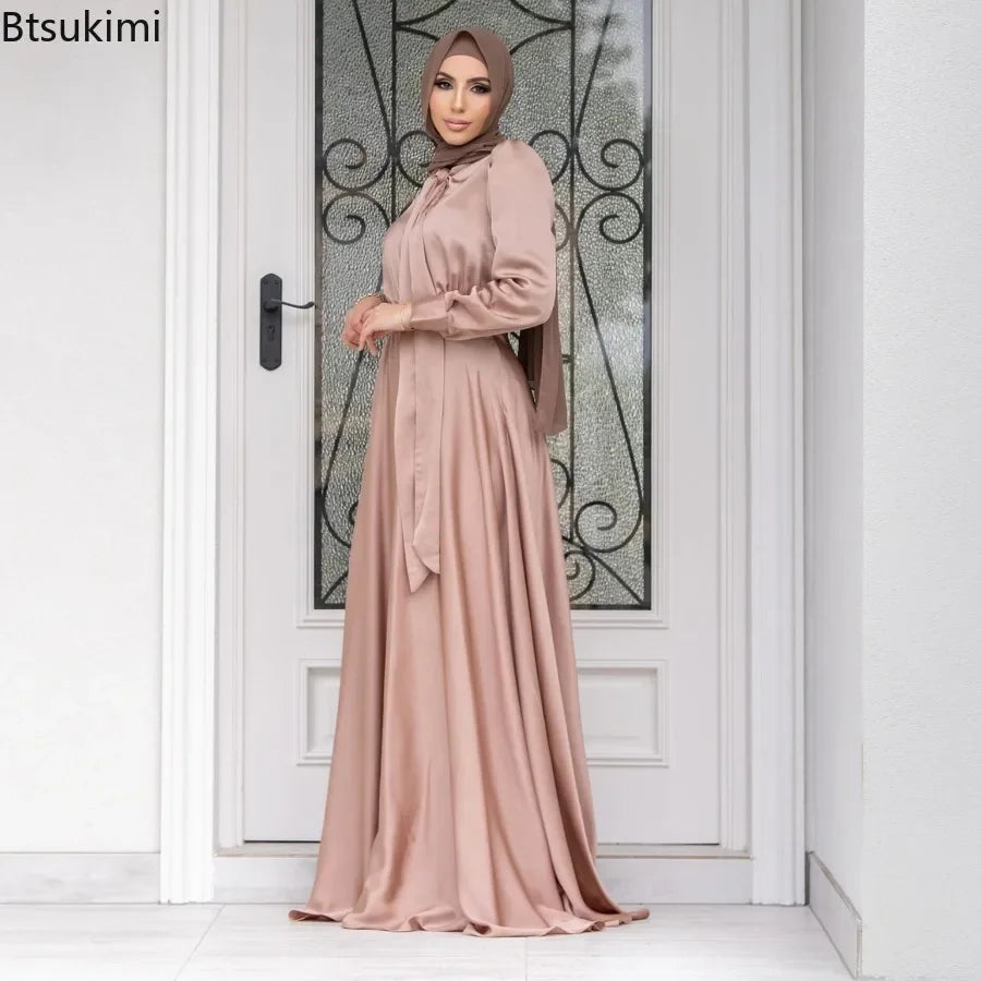 Elegant Satin Dress for Women Muslim Fashion Abaya Hijab Dubai Turkey Evening Dresses Arabic Kaftan Robe Female Islamic Clothing.