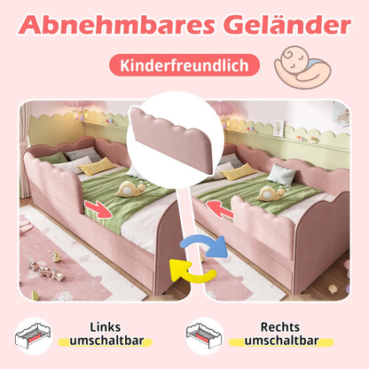 Gepolstertes Tagesbett 90x190cm, Tagesbett Schlafsofa mit ausziehbarem Bett 90x190cm, Kinderbett mit Gitter ohne Matratze