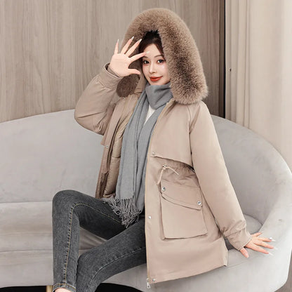 Winter dame Winter Stepp Mantel Abnehmbare Futter Pelz Kragen Gürtel Parka Jacke Für Frauen Verdickt Thermische frauen Mantel