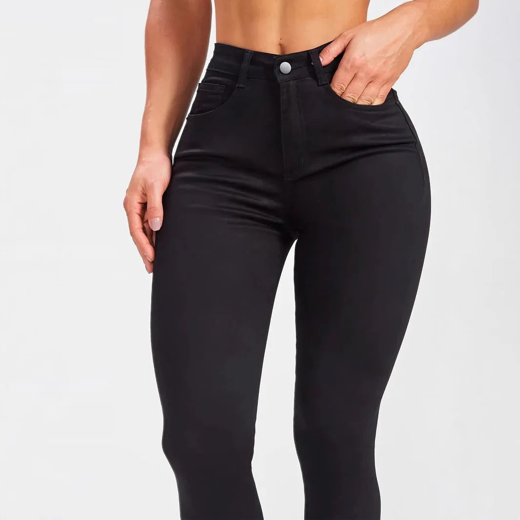 Women's Mid-Waist Slim Fit Black Denim Pants Elastic Casual Style Comfortable Cotton Long Trousers Versatile All-Season Jeans.