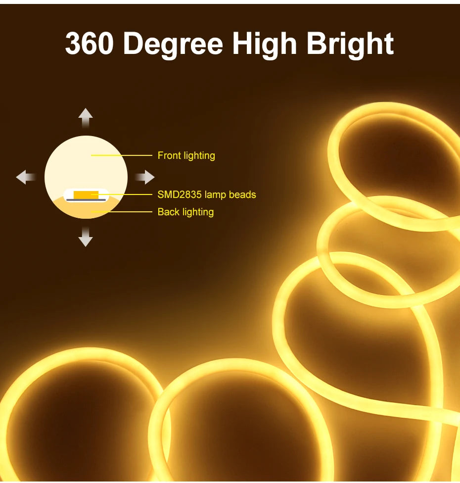 360 Round LED Neon Tube 220V Led Strip Light 120leds/m 2835 Flexible Tape Led Lights IP67 Waterproof for Indoor Outdoor Decor.