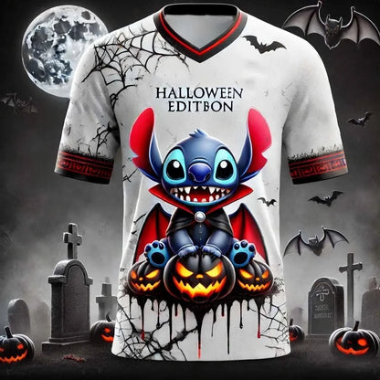 Disney Women's Men's Sports Jersey Halloween Stitch Print Short Sleeve Summer Graphic Tee Children Cartoon Size Sport T-Shirt.